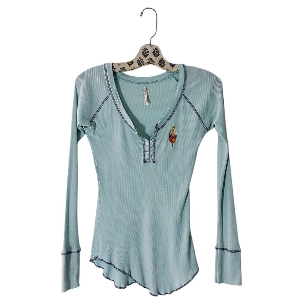 Free People Y2K Vintage Henley Thermal Ribbed Top Sword Embroidery Blue